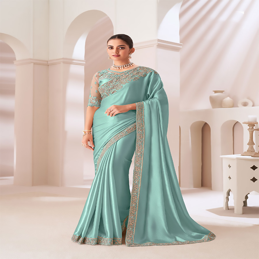 Sky blue Sartin silk Partywear Saree